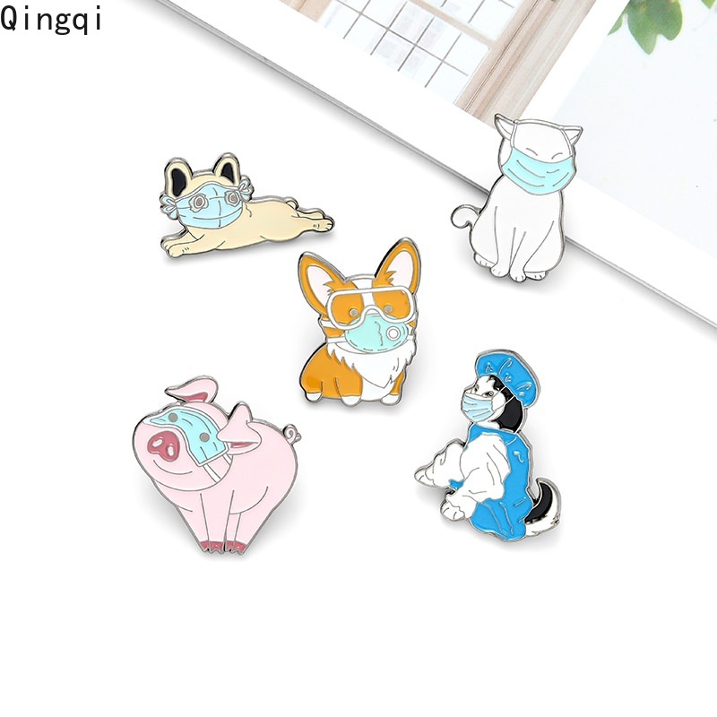 Bros Pin Enamel Desain Kartun Hewan Kucing Anjing Babi Bulldog Masker Wajah Untuk Hadiah Perhiasan