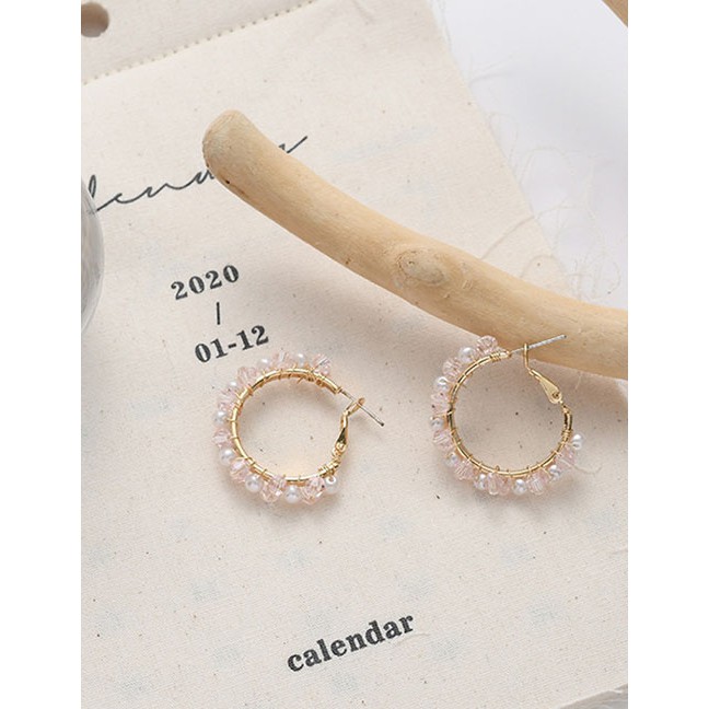 LRC Anting Tusuk Fashion Pearl Pink Silver Needle Pearl Woven K15907