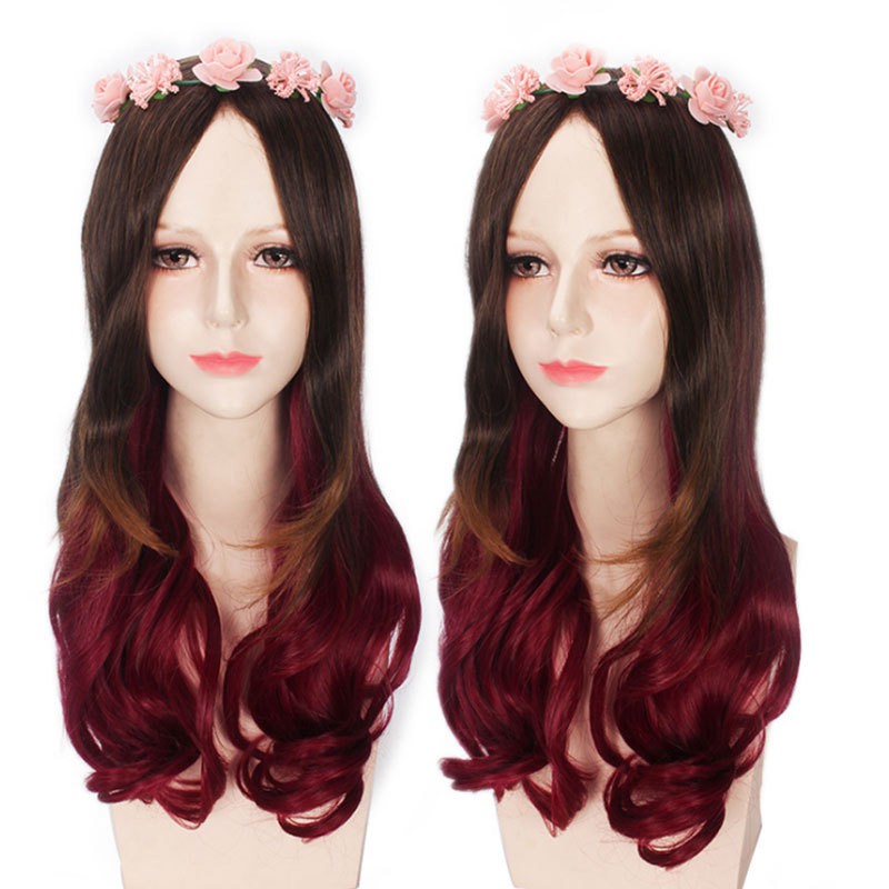 LOL-45 wig daily lolita rambut palsu panjang wanita gradasi merah panjang