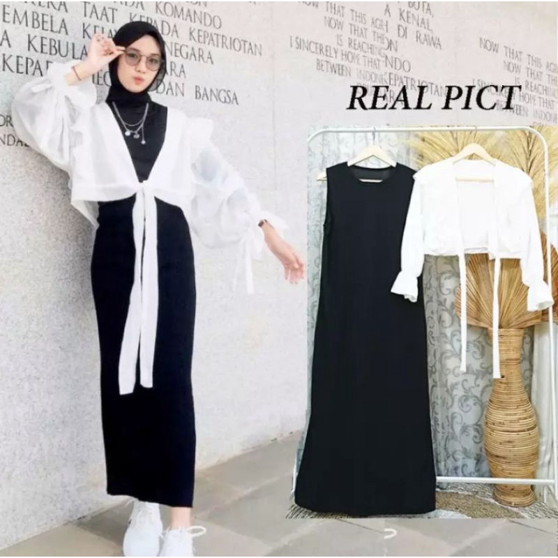 [GARANSI TERMURAH] ONE SET DRESS MUSLIMAH / INNER + OUTER LENGAN SERUT PUTIH HITAM / SETELAN WANITA 