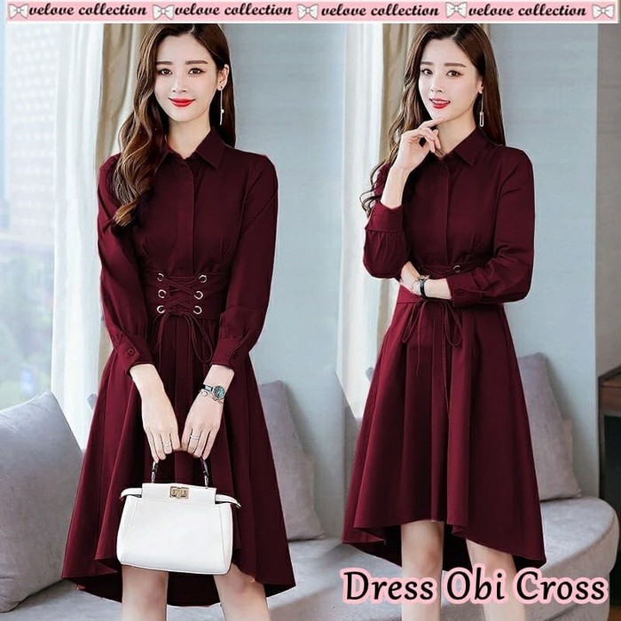 TERBARU IMLEK 2020 NATAL BAJU CEWEK Dress Obi cross Maron [Dress 0153] THC 41JIM