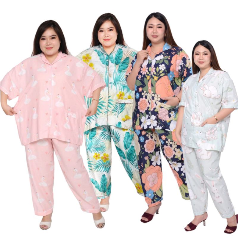 BAJU TIDUR JUMBO CELANA PANJANG SET PIYAMA LENGAN PENDEK LD 130 BIG SIZE WANITA DEWASA PAJAMAS