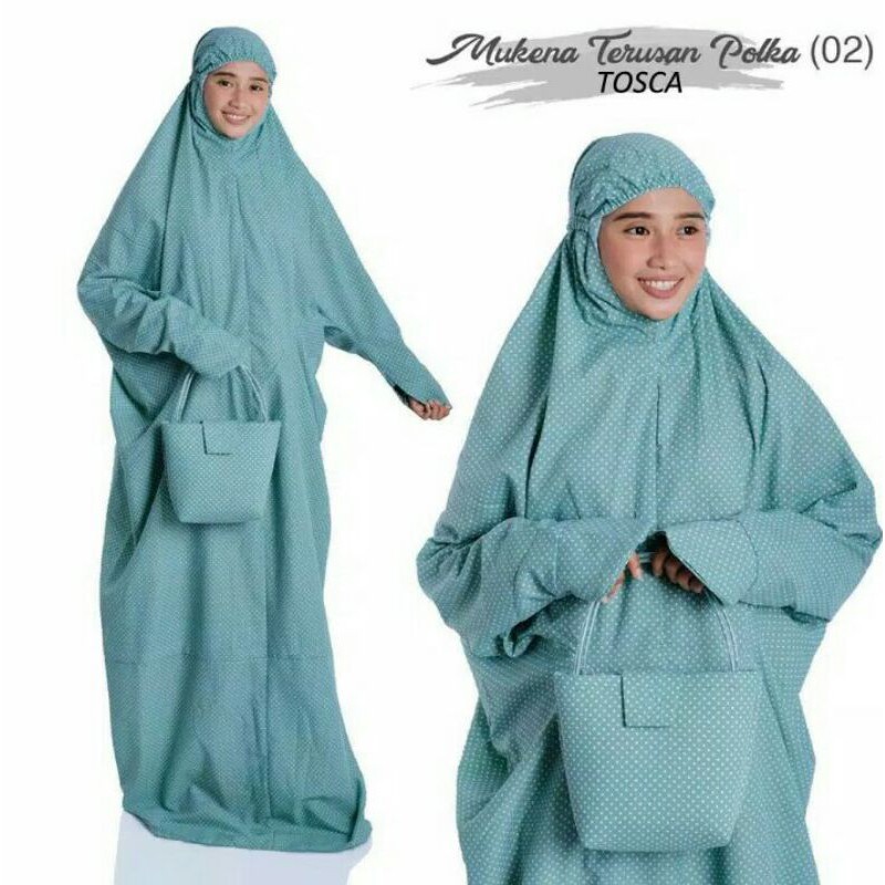 Mukena Terusan Langsung Polkadot Biru Tosca