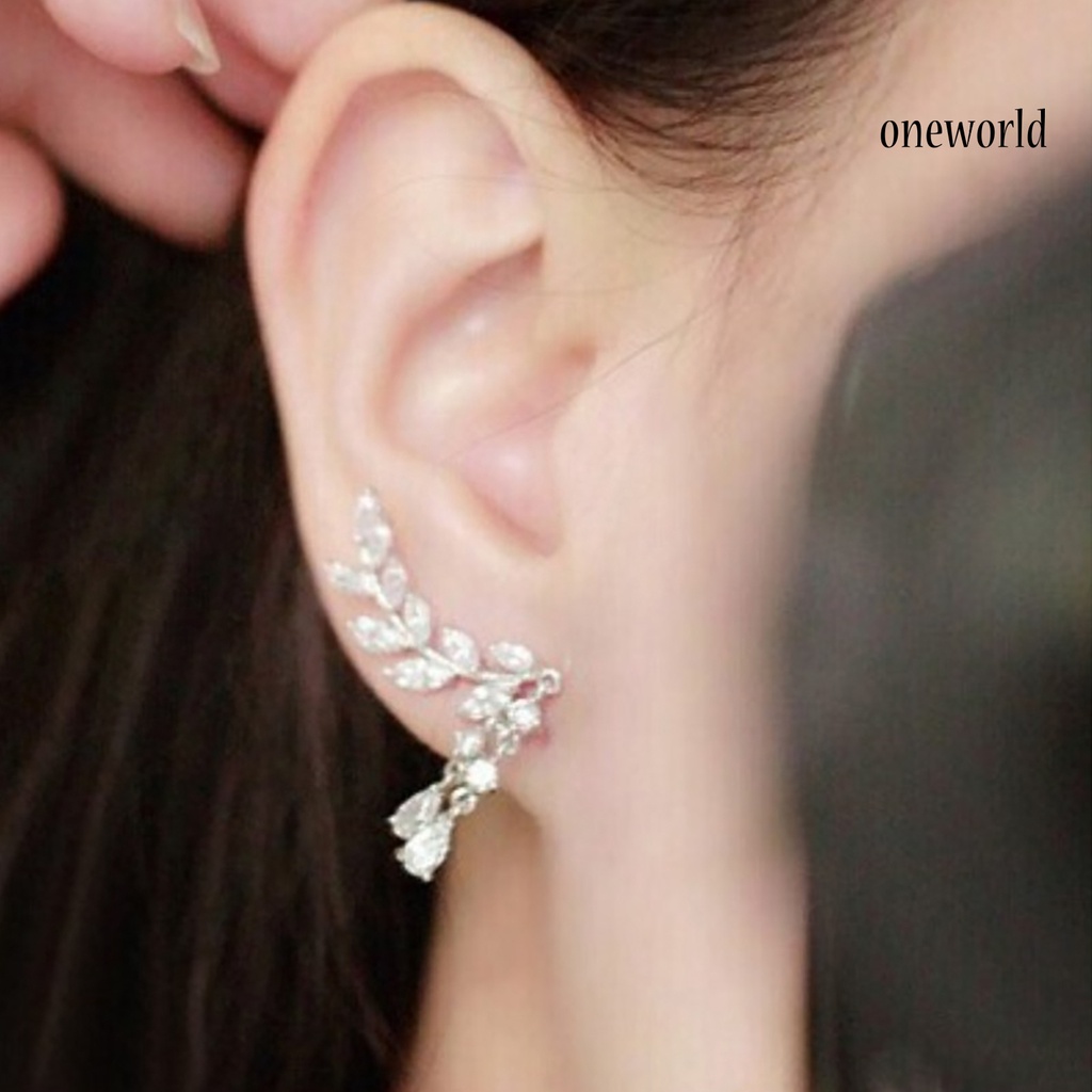 OW@ 1 Pair Women Leaves Shape Rhinestone Inlaid Water-drop Tassels Earrings Ear Studs Jewelry for Party