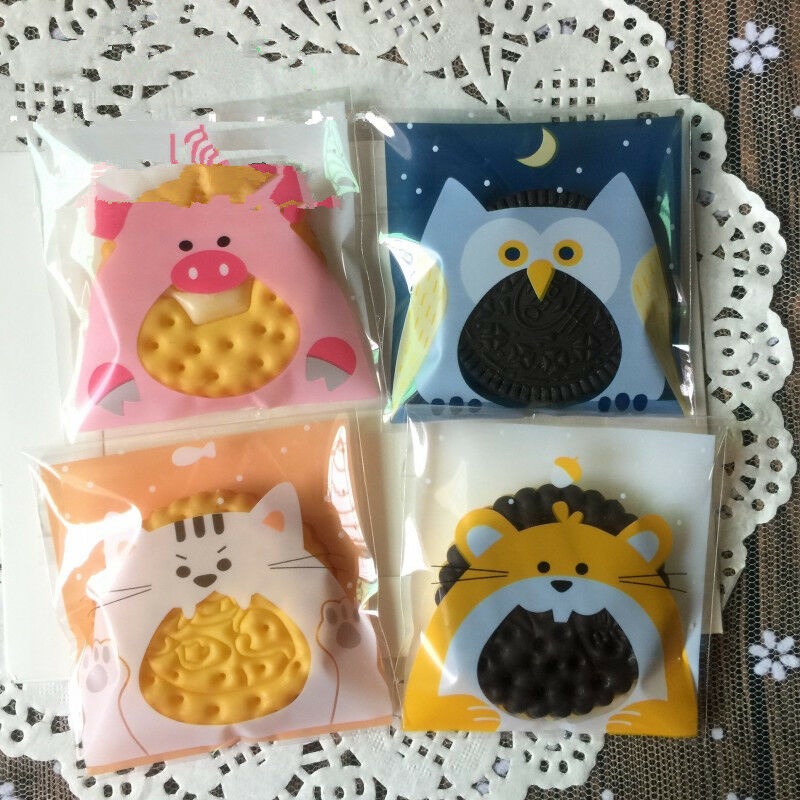 100pcs / set Kantong Plastik OPP Motif Kartun Hewan Lucu Holder Kue / Permen / Biskuit DIY Untuk Pesta Ulang Tahun