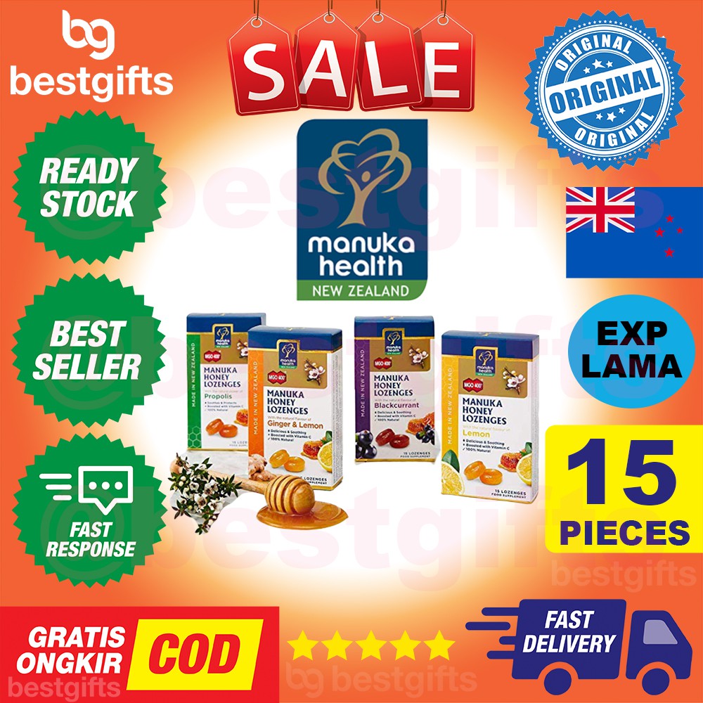 MANUKA HEALTH MANUKA HONEY LOZENGES MGO400 MGO 400 PERMEN MADU GINGER LEMON RADANG BATUK 15 PIECES