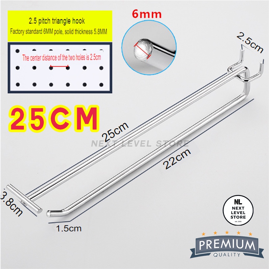 Triangle Hook Double Label 10 15 20 25 30 CM TEBAL 6mm Chrome Stainless Ram Lubang Pegboard