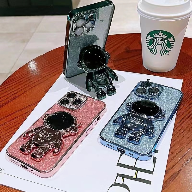 Case Stand Electroplating Glitter Astronot Dengan Lensa Film Anti Gores Untuk iPhone 14 Plus 14 Pro max 13 Pro max 12 Pro max 11 Pro max