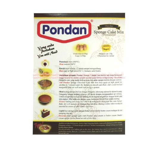 Pondan Sponge Cake Mix 400gr Cokelat Tepung Instan Premiks Instant Membuat Kue Spon Cake Rasa Coklat Chocolate Pondan Powder