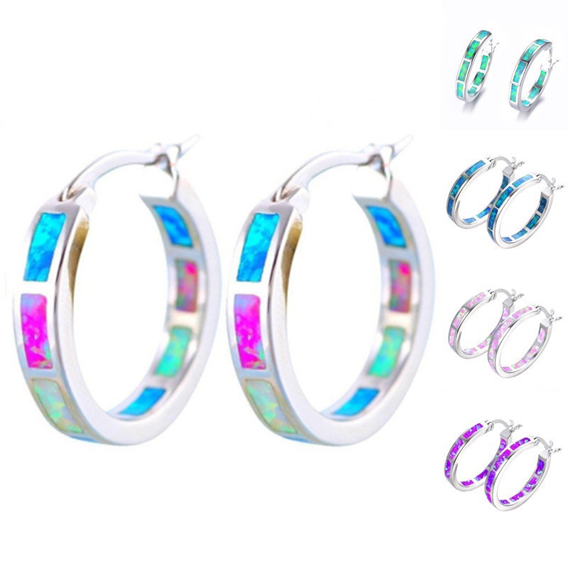 Anting Wanita Bahan Sterling Silver 925 Bentuk Bulat Aksen Opal Untuk Pesta Ulang Tahun