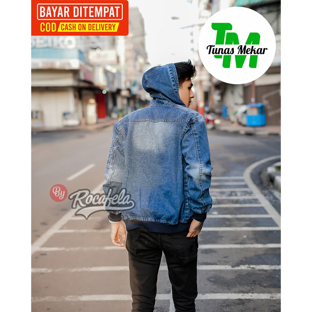 Jaket Jeans Pria Rocafela The News 100% Original ~ Jaket Jeans Bomber Topi