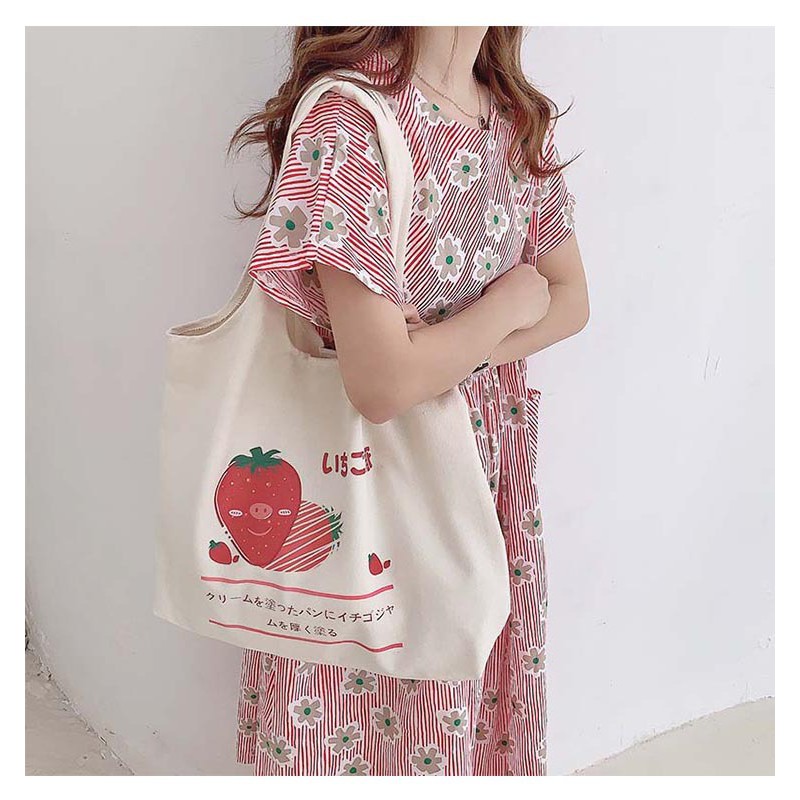 TC-08 tas canvas tote bag wanita import korea jepang simple besar strawberry stroberi