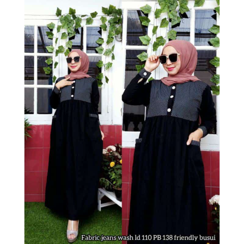 Gamis Long Dress Maxi Bahan Jeans Levis Model Terbaru Murah Diskon Kualitas Premium Bagus