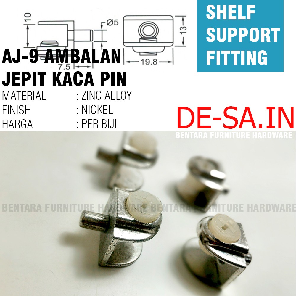 Harfit AJ9 - Ambalan Jepit Pin Untuk Kaca - Shelf Support Fitting