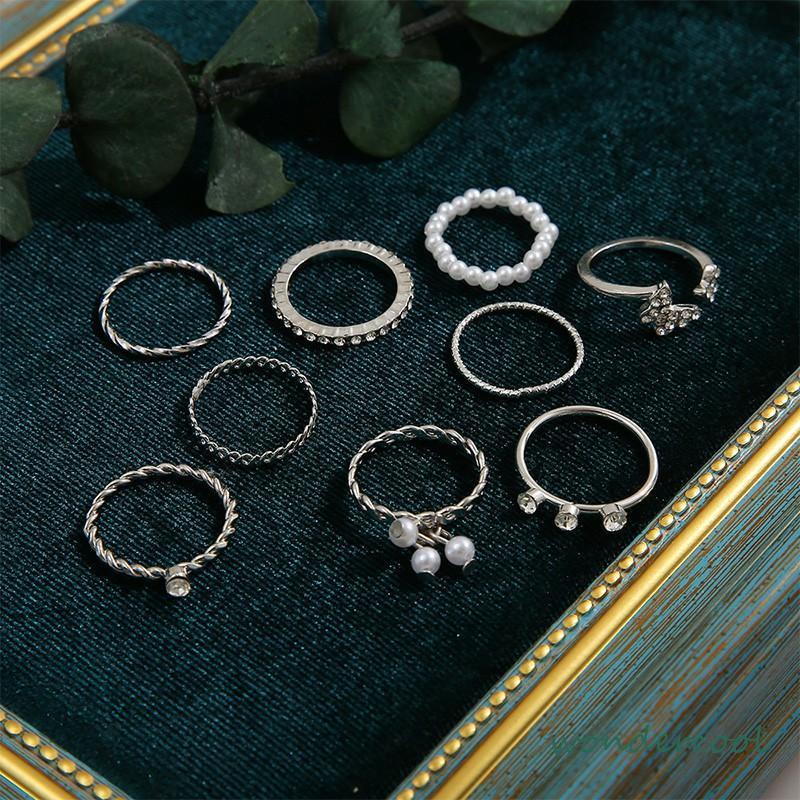 9 PCS Wanita Tipis Berongga Mutiara Kristal Kupu-kupu Berlian Premium Knuckle Ring Set-Won