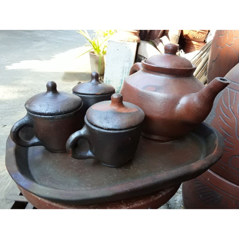 1 set teko cangkir nampan oval teh poci dari gerabah tanah liat murah free buble wrap dan packing ka