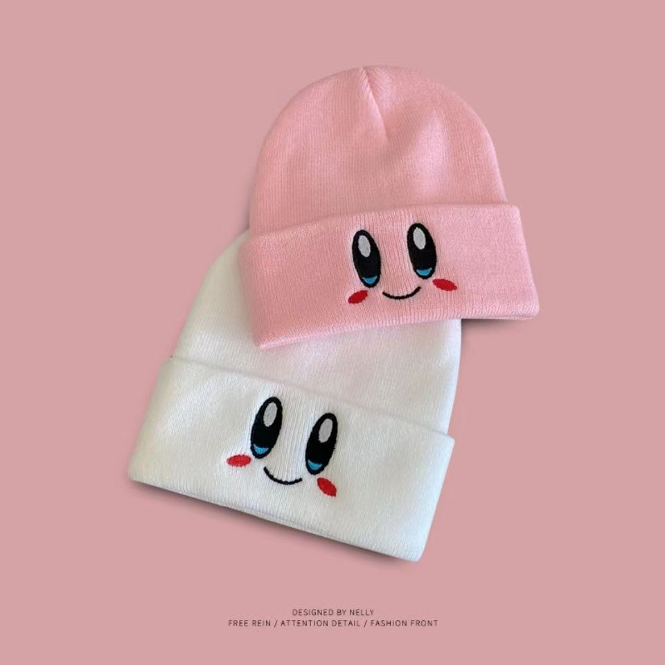Topi Kupluk Rajut Motif Bordir Smiley Face Warna Pink Untuk Wanita