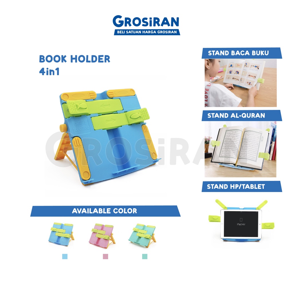 

Book Stand Reading Holder Penyangga Buku dan Tablet Sandaran Rekal Alquran Dudukan Buku Belajar Penahan Buku Bacaan Alat Bantu Baca Pengganjal Catatan Tatakan Membaca Senderan Buku Desktop Portable 4in1