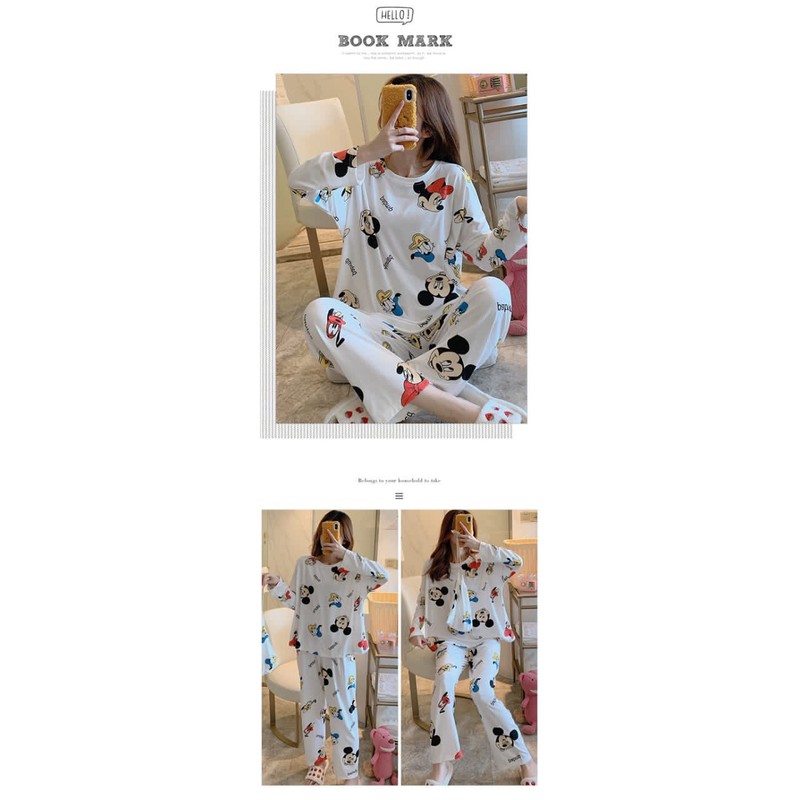 Setelan Lengan Panjang Piyama Baju Tidur Wanita Kartun Karakter Pajamas Dewasa-SET PJG white Mini