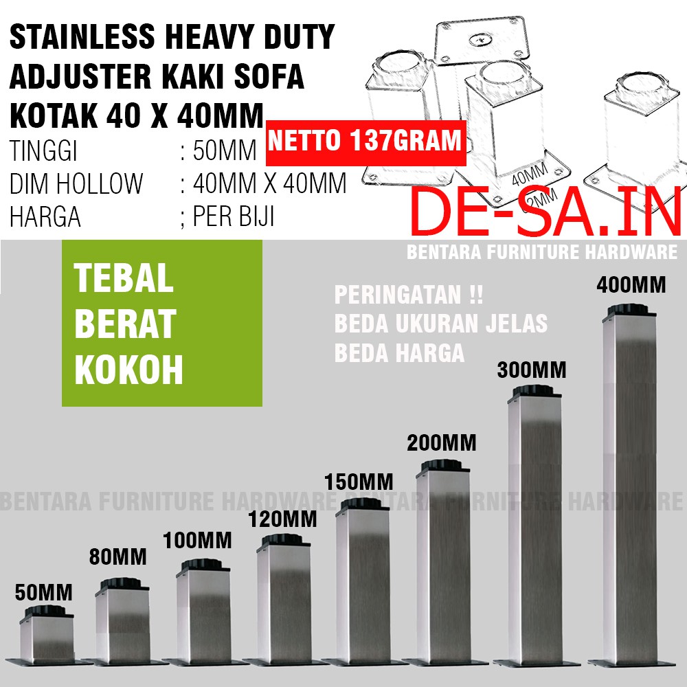 5 CM Kaki Meja Sofa 50MM (Kotak Hollow 40 x 40MM) High Quality Stainless Steel Adjustable Table Leg (TINGGI 5 CM = 50 MM)