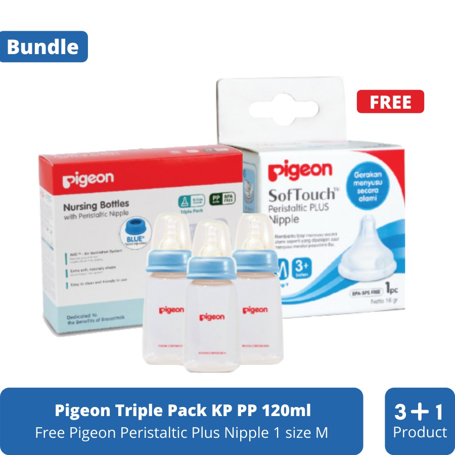 Pigeon Botol Susu Triple Pac 240ml & Pigeon Dot Nipple Peristaltic Plus isi 1 size L BUNDLE