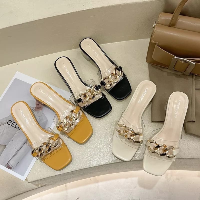 R9 sepatu pesta wanita Sandal Heels Rantai Heels Hak Kaca