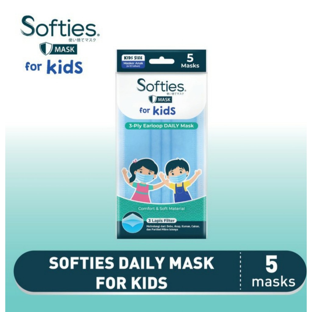 Masker Anak 3 Ply Earloop Daily Mask For Kids isi 5 / Masker Non Medis / Masker anak Softies isi 5