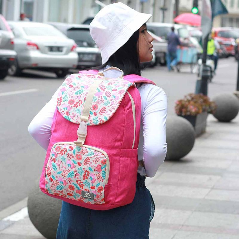 Herbie - Tas Backpack Wanita Terbaru Pink Motif Bunga | Tas Ransel Punggung Cantik Kekinian | Tas Sekolah Kuliah Kerja Cewek Premium Material