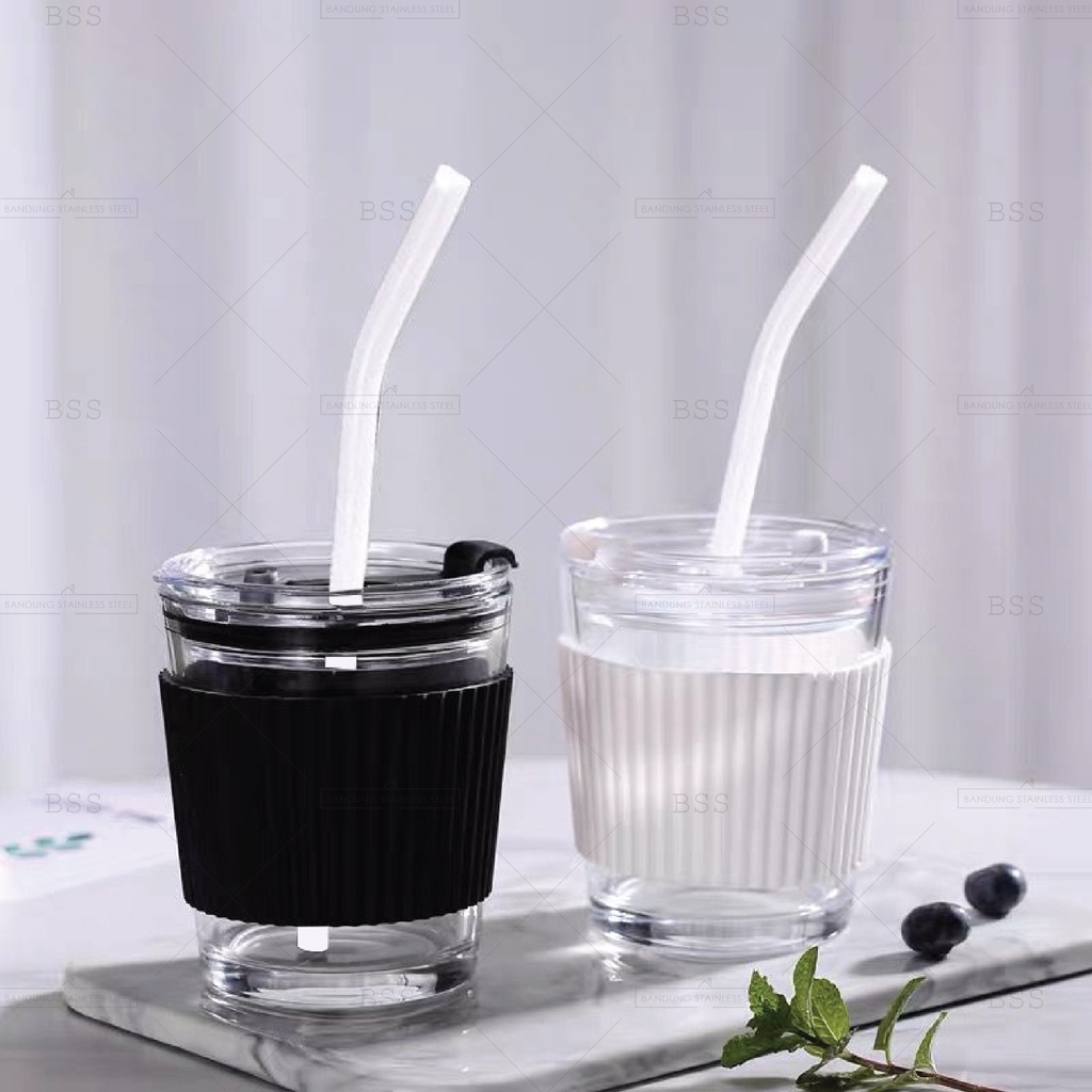 [VIRAL] Gelas Minum Kopi Tumbler 350ml Anti Panas Kaca Glass Dengan Sedotan Silikon Simple Elegan Milk Cup