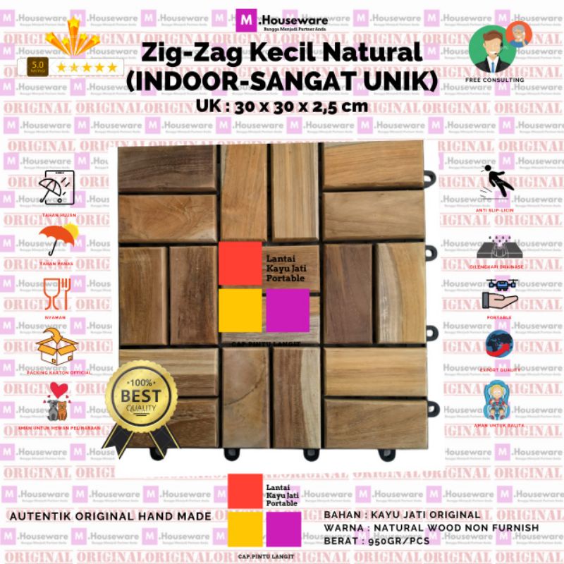 Lantai Kayu Jati Motif Zigzag Kecil / decking kayu UK 30x30cm