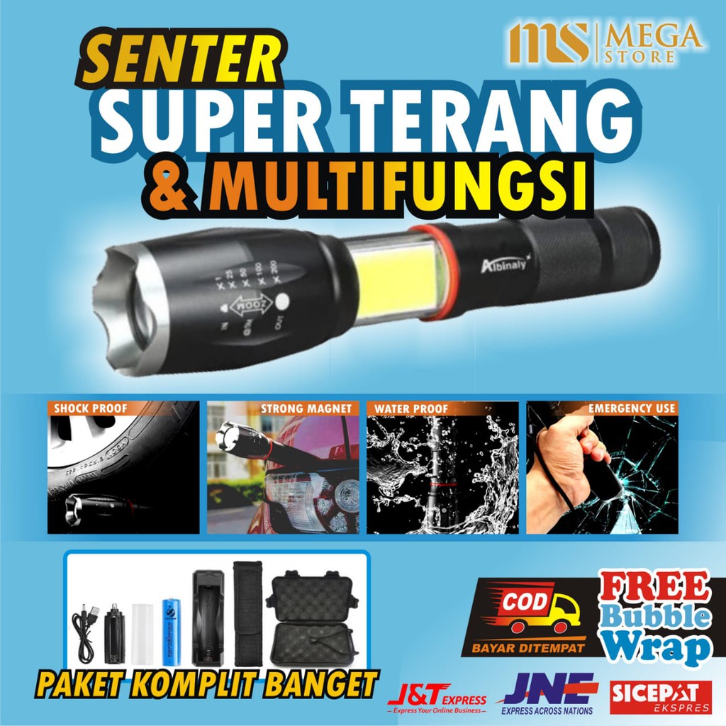 PAKET Senter Led Super Terang Jarak Jauh Lampu COB 8000 Lumens Cree E17 xml T6 Taffware Outdoor COD1