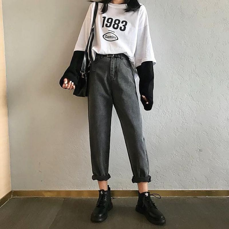 CELANA BOYFRIEND PLAIN HITAM PUTIH//BOYFRIEND PLAIN JEANS WANITA