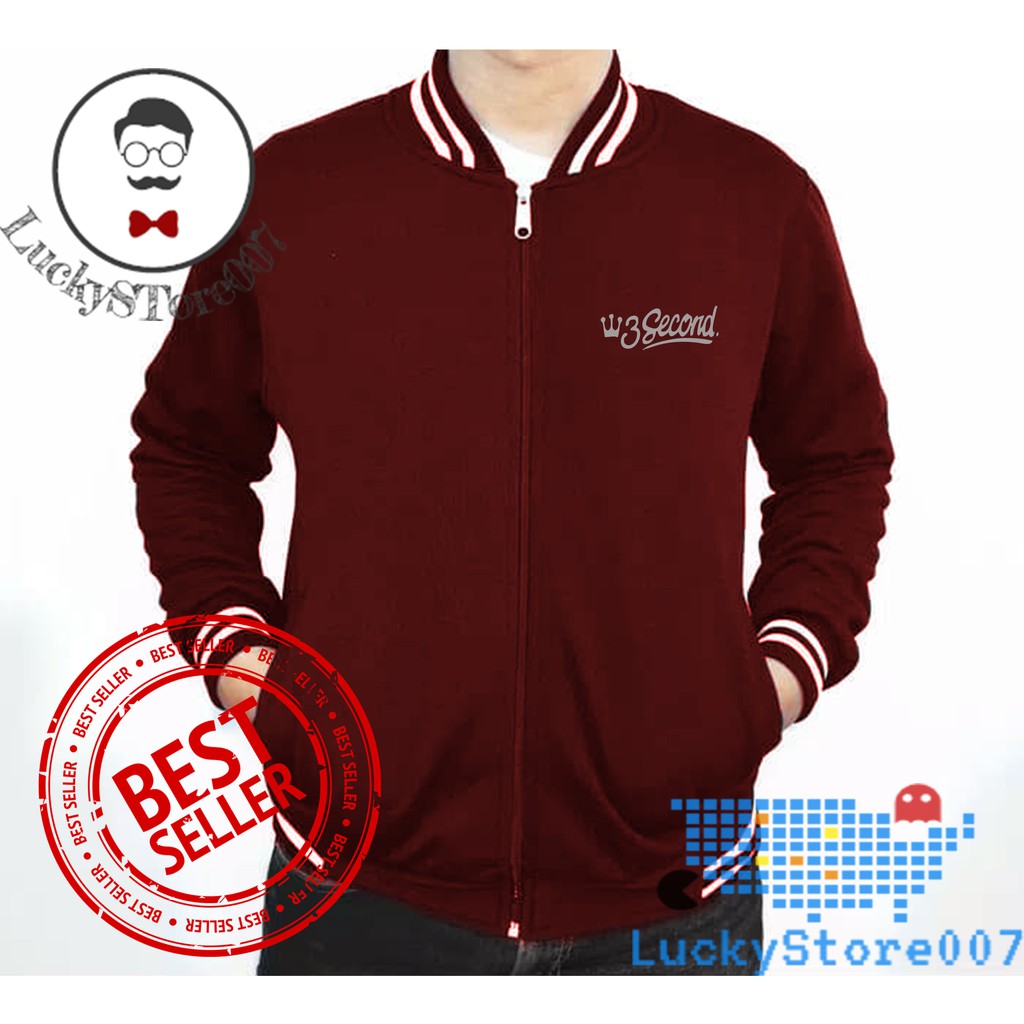 Jaket Varsity Zipper Fleece Pria Wanita Keren Premium High Quality 3second Logo Teks Silver