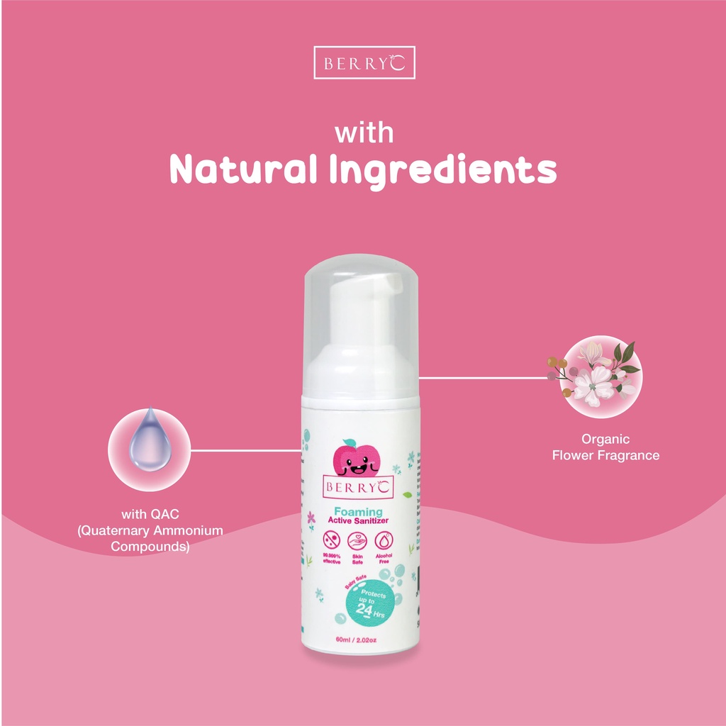 BerryC Active Sanitizer Foam 60ml Natural Food Grade Hand Antiseptik Non Alcohol Alkohol Aman untuk Bayi Lembut Sensitif Kulit Rinseless Soap Sabun Tanpa Bilas Travel Size Mudah Favorit Anak Efektif COVID19 HFMD Flu SIngapore Singapura Impor Perlindungan