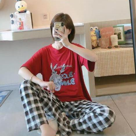 Best Seller # Baju Tidur Piyama Wanita Stelan Kaos Cp Import Big Size - Bunny Red