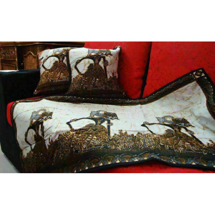 Sarung bantal kursi 40x40 set Taplak meja tamu / motif batik klasik WAYANG KOTAK PUTIH