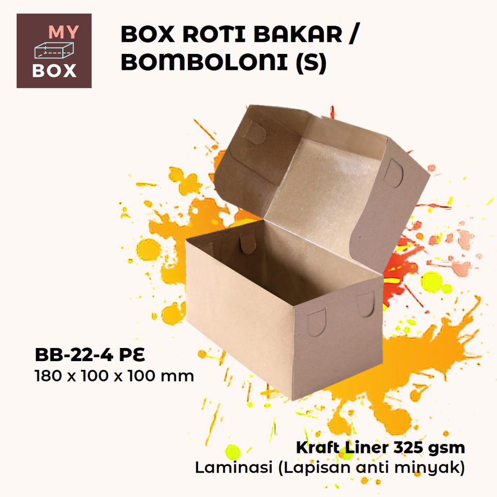 

BOX DUS KARDUS KOTAK ROTI BAKAR BOMBOLINI KUE DONAT BOLU (S) 18x10x10 cm KRAFT 325 gsm LAMINASI