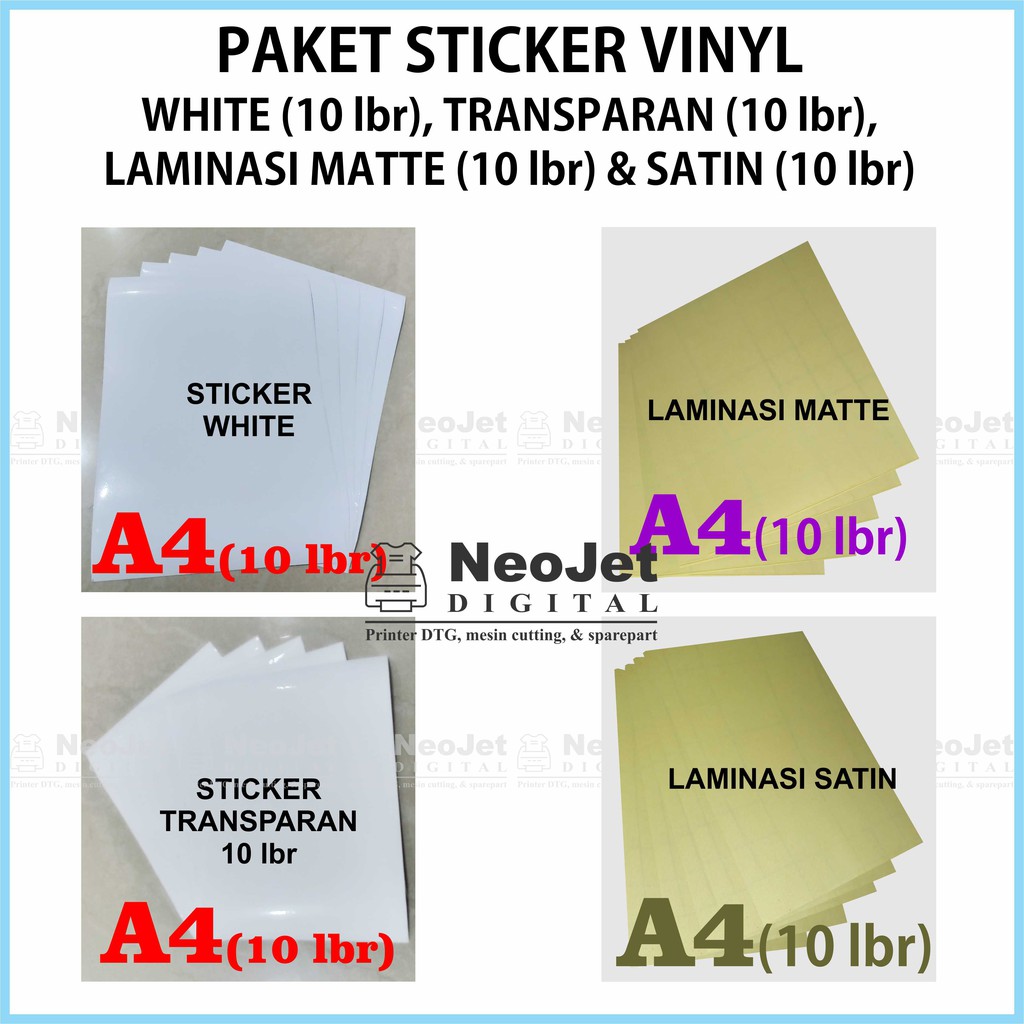

Sample Sticker Vinyl Inkjet White 10 lbr Transparan 10 lbr laminasi Matte 10 lbr Satin 10 lbr