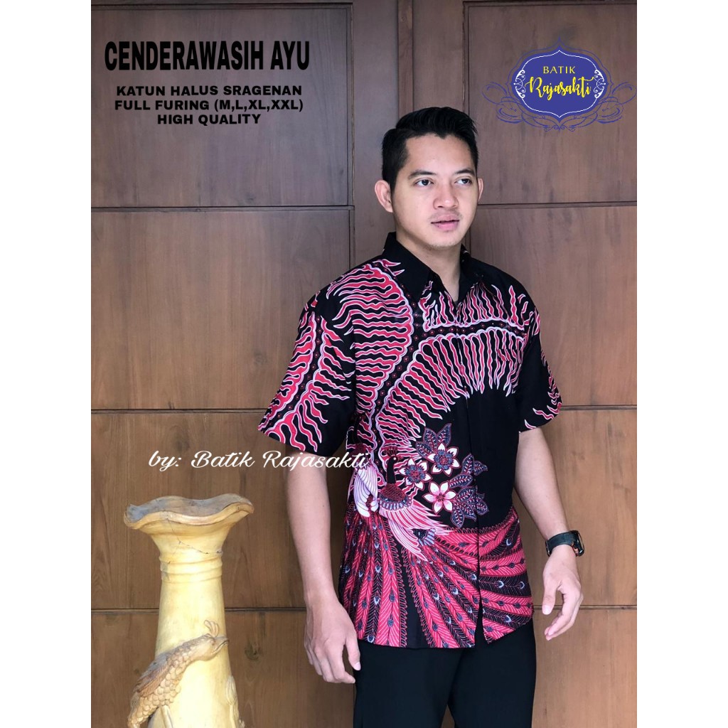 CENDERAWASIH RED Kemeja Batik Pria Lengan Pendek Katun Halus FULL FURING Rajasakti