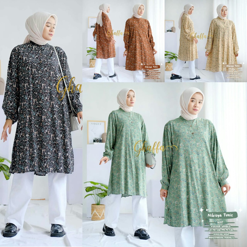 Atasan Tunic Tunik Kemeja Blouse Muslim Motif Bunga Flower Polkadot best seller Ghaffa Nikisya Korea