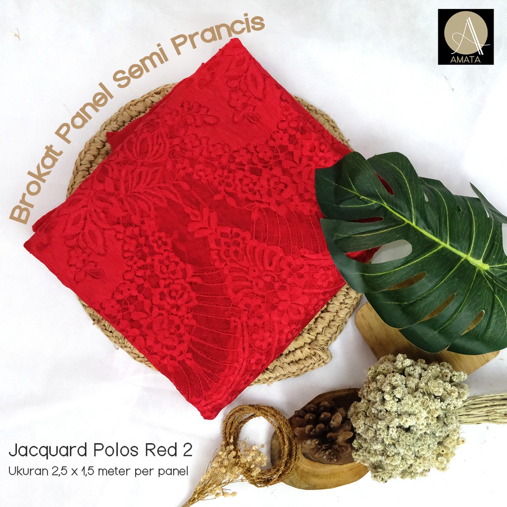Kain Brokat Brukat Tile Semi Prancis Bahan Kebaya Jacquard Polos Merah 2 Amata