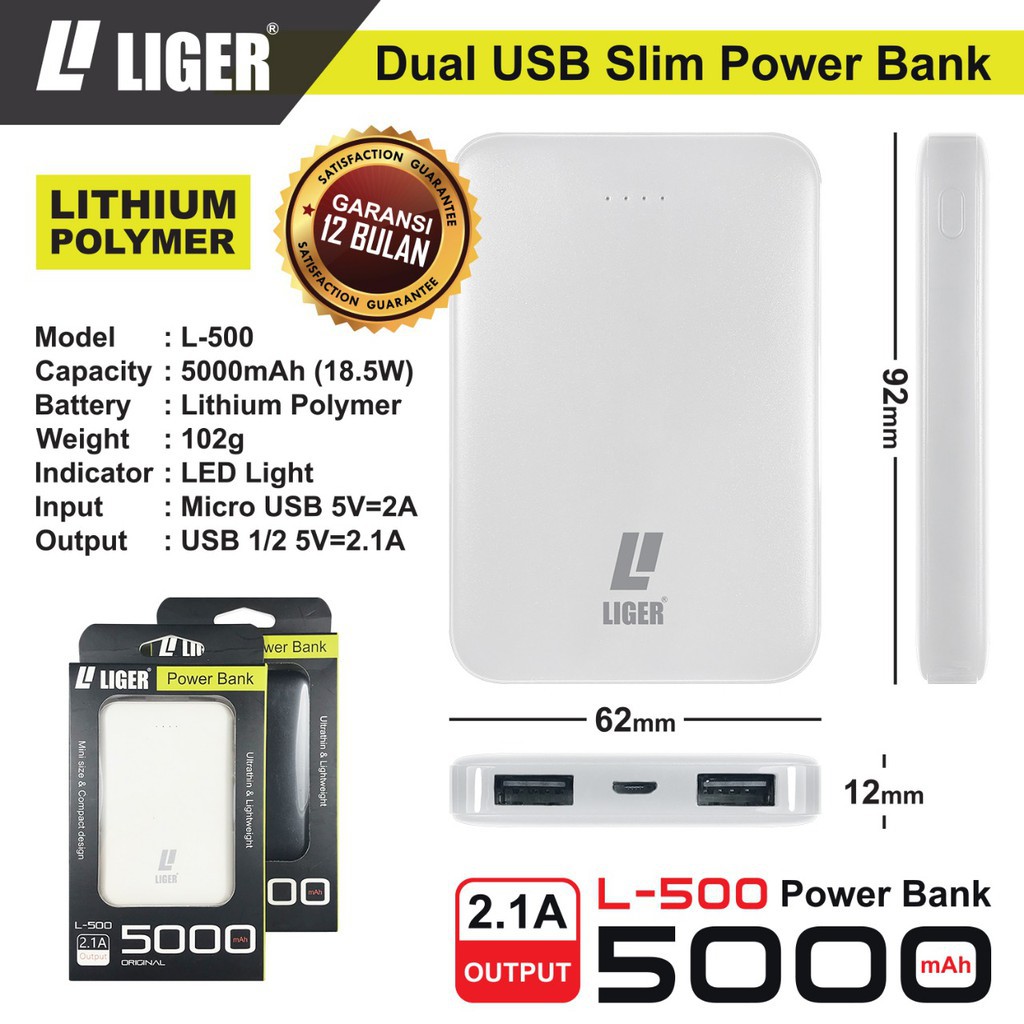 POWERBANK LIGER L-500 MINI SUPER SLIM FAST CHARGING - 5000 mAh