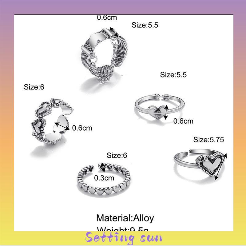 5pcs / Set Cincin Jari Telunjuk Model Terbuka Desain Hati Hollow Gaya Retro TN