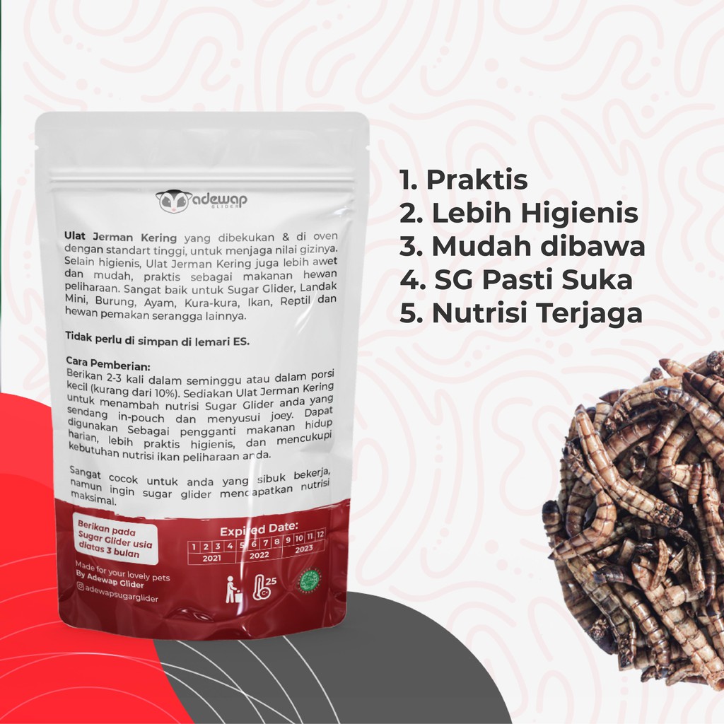 ADEWAP GLIDER Ulat Jerman Kering Dried Super Worm Cemilan Sugar Glider - 40gr
