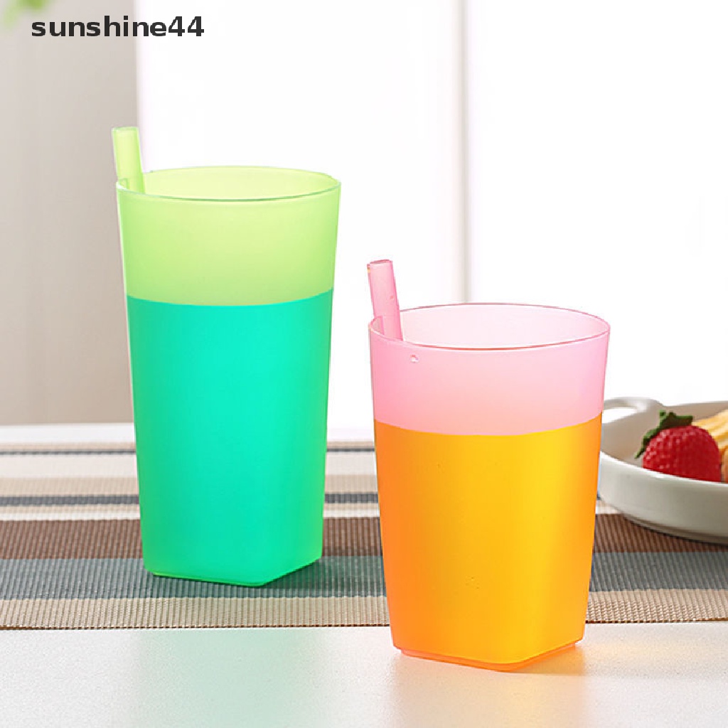 Sunshine 1pc Gelas Minum Dengan Sedotan Built in Warna Polos Untuk Bayi / Anak