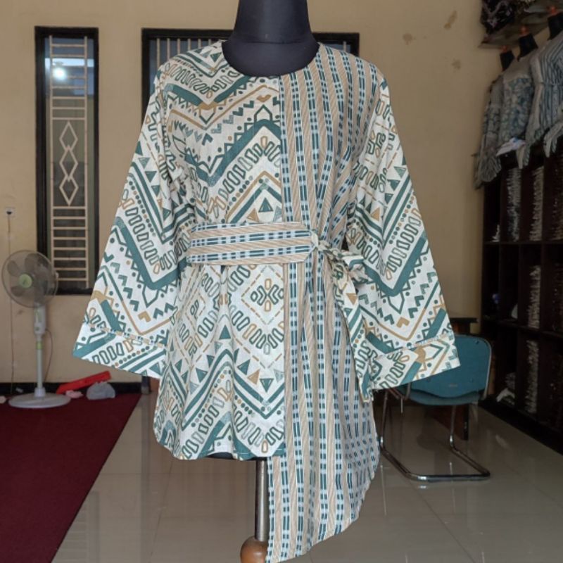 tey-17 Batik wanita ASJ SA HRB026 Kenongo Kemeja Tosca Pendek-Piramid Hijau