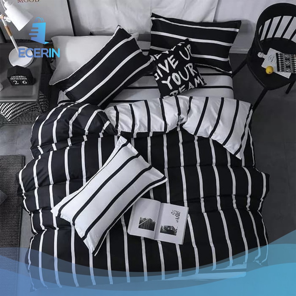 Bedcover Set Katun Lokal Premium Motif Line Black / Bedcover Abstrak / Bedcover Cowok / Aneka Motif