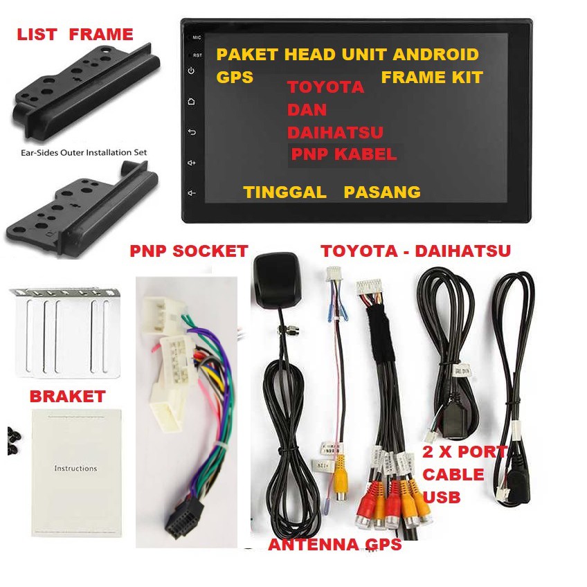 Paket Android GPS Tape Mobil Double din LCD 7 Inch Radio Bluetooth PNP Soket Toyota Daihatsu