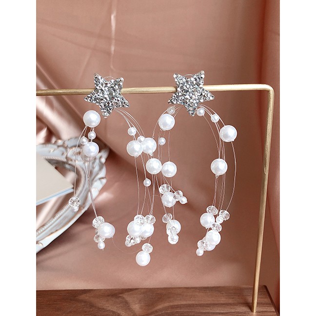 LRC Anting Tusuk Fashion Pearl Diamond Star Tassel Pearl Earrings F49986