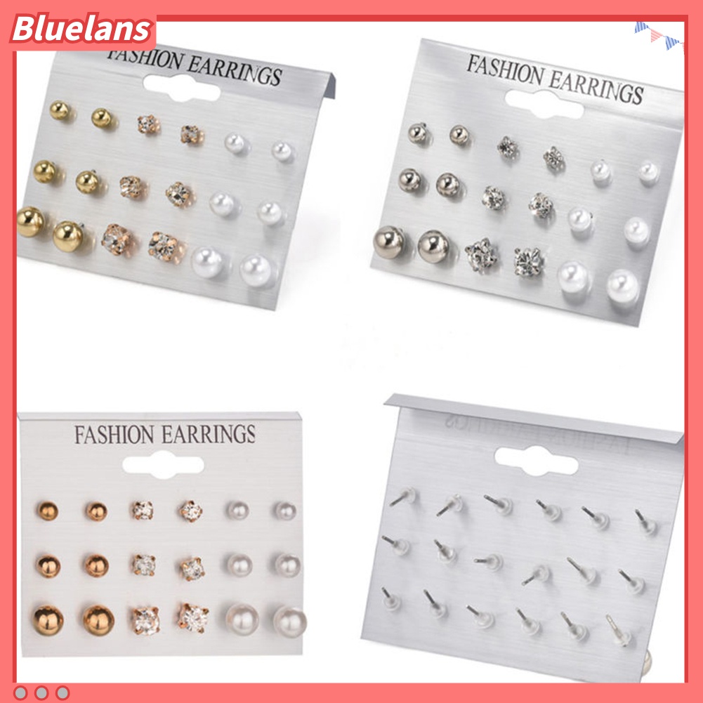 9 Pasang Anting Stud Mutiara Berlian Imitasi Untuk Wanita